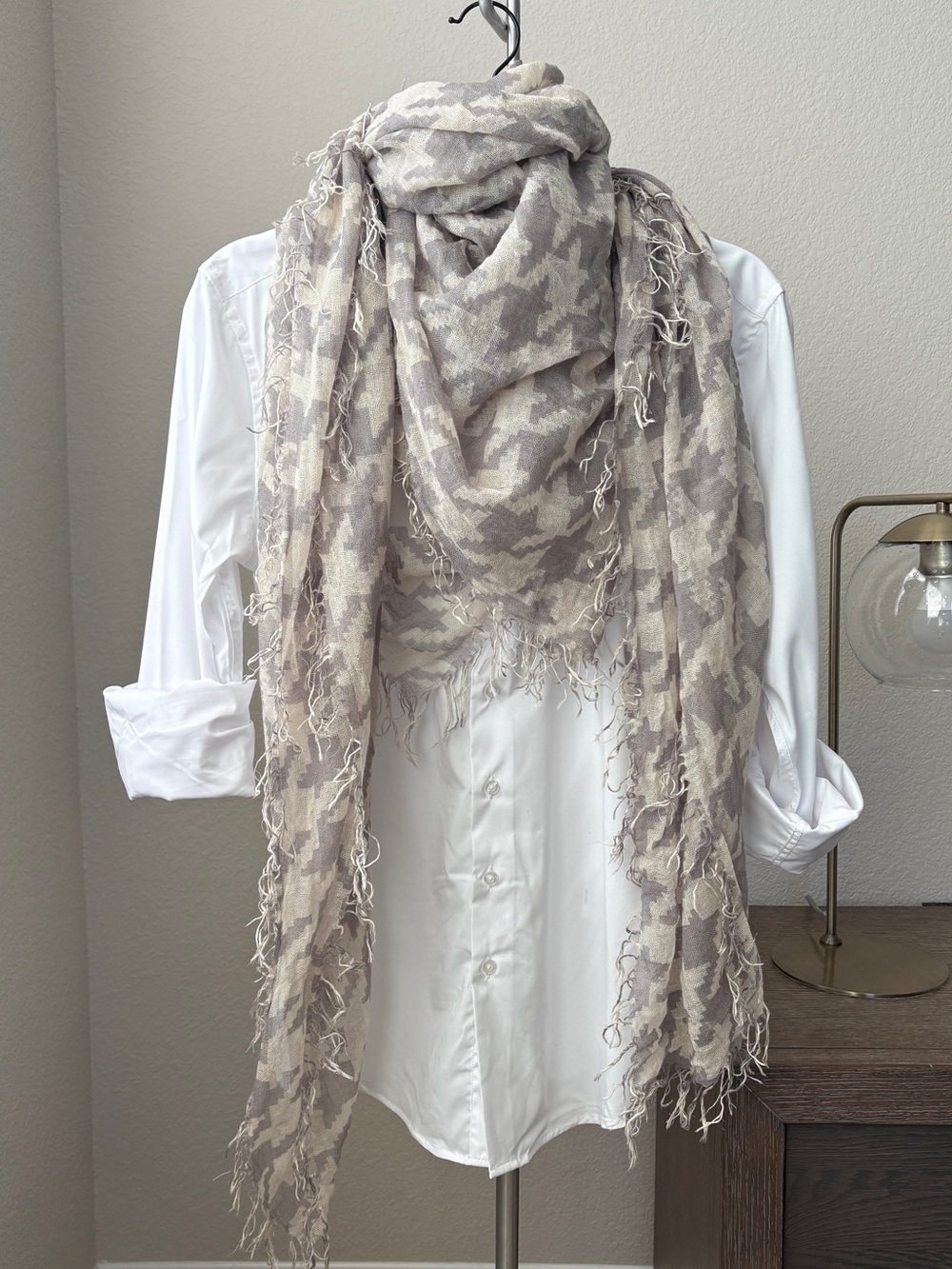Chan Luu Light Gray & Cream Fringed Patterned Wrap Scarf